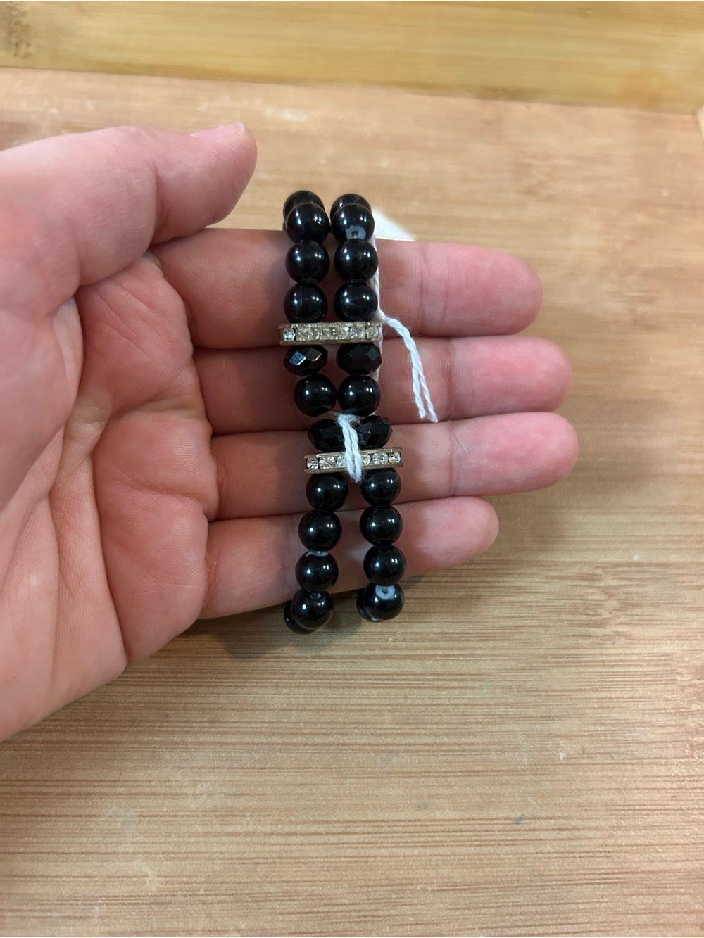 Black Beaded Stretch Bracelet Set Rhinestone Accent Stack